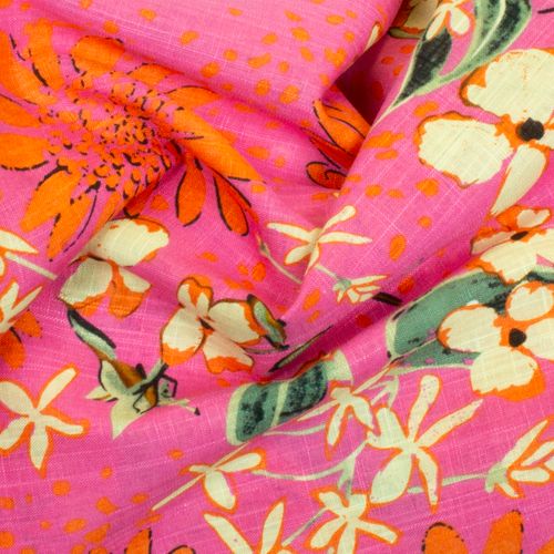 Fuchsia viscose linnen met oranje / ecru bloemen